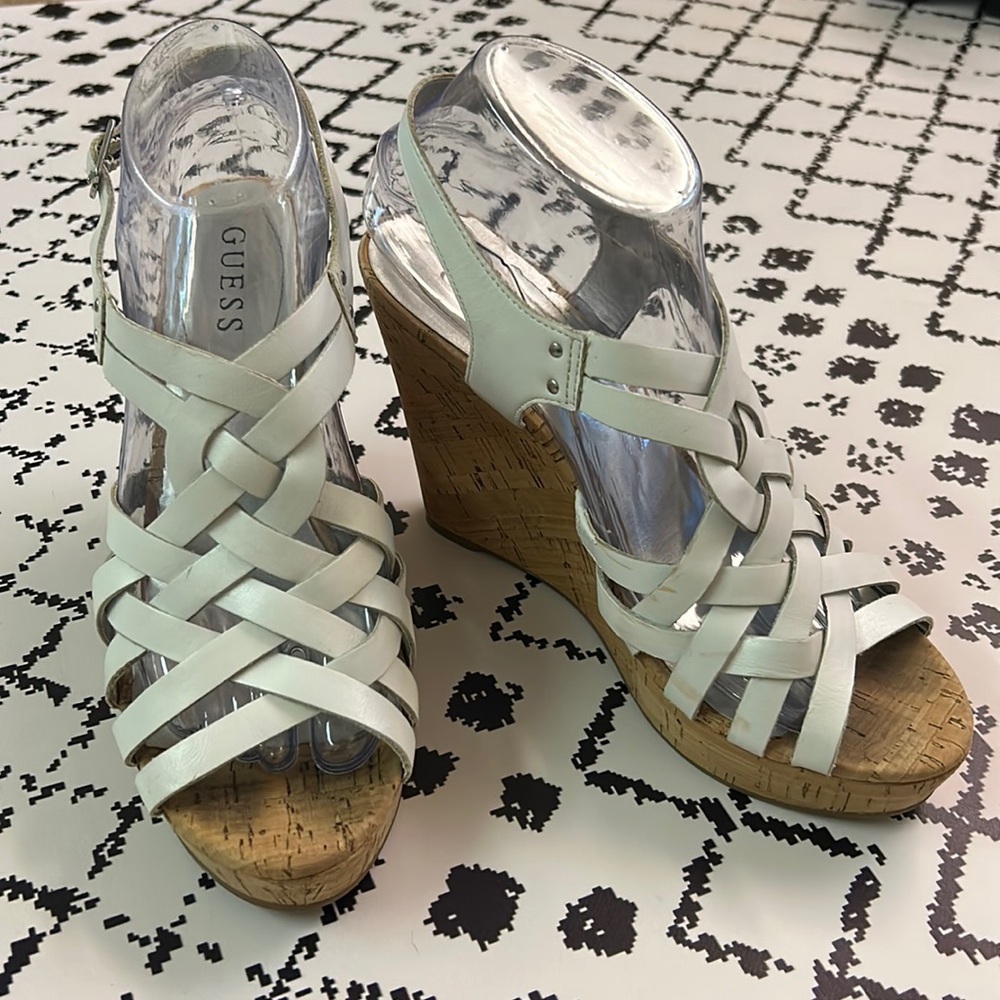 GUESS White Strappy Wedge Sandals, Size 8.5 - GUC